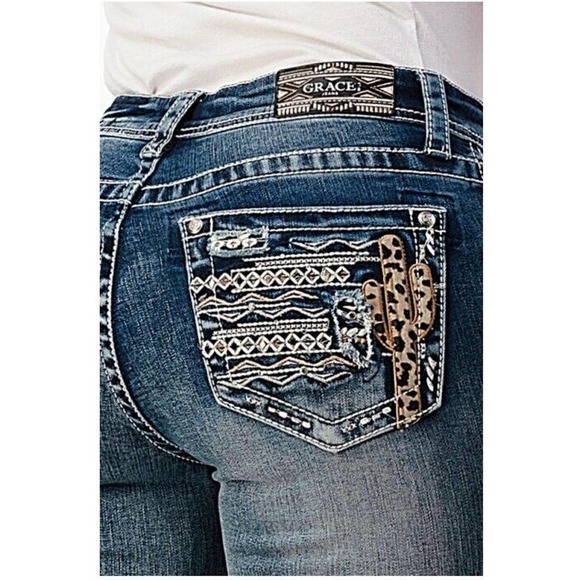 Grace in LA Women's Western Cactus Embroidered Embellished Bootcut Stretch Jeans
